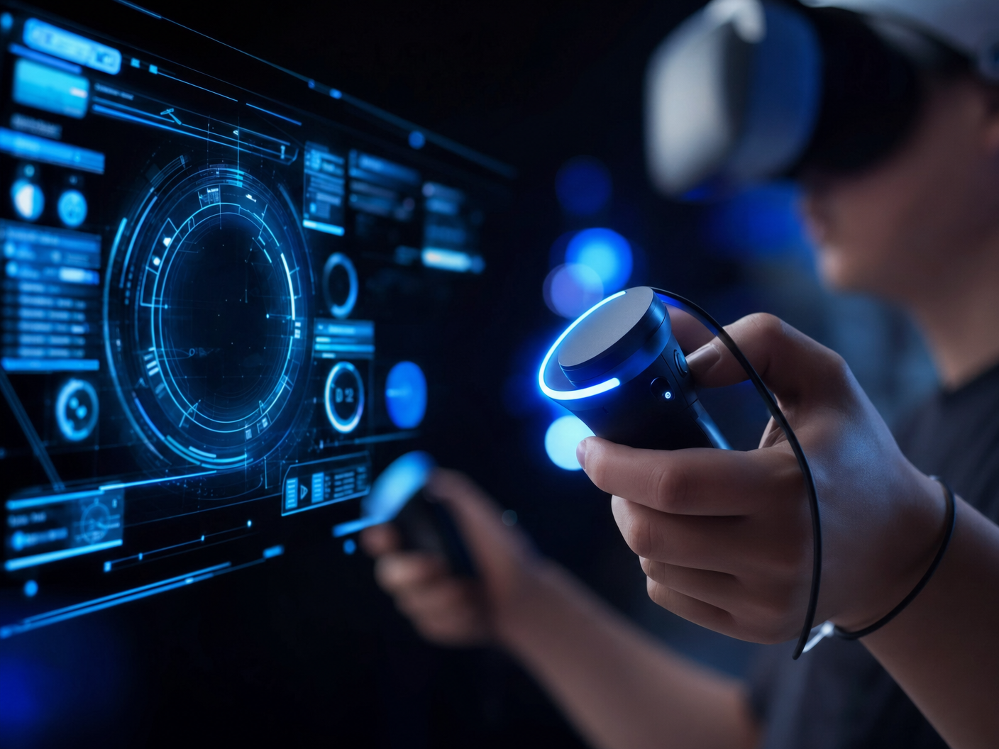 Person using VR controller with holographic interface