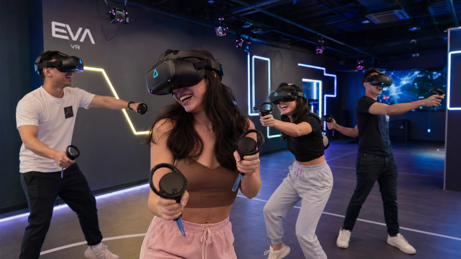 Group of friends enjoying free-roam VR multiplayer experience