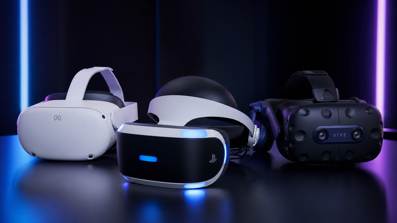 Collection of modern VR headsets on display